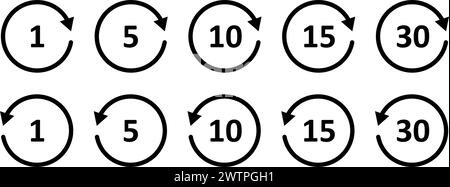 Icône retour arrière de 1, 5, 10, 15, 30 secondes. Icône de flèche circulaire. Relire ou symbole suivant. Bouton d'avance rapide. Signe de répétition arrondi. Angle de rotation. Vecteur Illustration de Vecteur