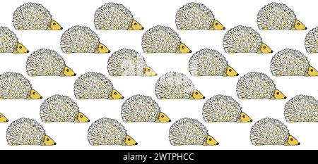 Motif de hérissons sur fond blanc. Illustrations stylisées d'animaux. Dessin de contour noir. Texture des lignes ondulées noires et jaunes des aiguilles. YE Banque D'Images
