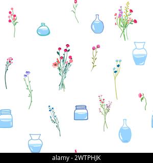 Fleurs de printemps dans des vases en verre, modèle sans couture. Tiges et branches florales fragiles, impression répétée. Plantes en floraison estivale. Fond sans fin pour l'emballage et le textile, le tissu et le papier peint. Illustration vectorielle de dessin à la main Illustration de Vecteur
