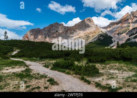 Alta via 1 sentier de randonnée avec des sommets au-dessus entre Fanes et Pederu huttes dans les Dolomites Banque D'Images