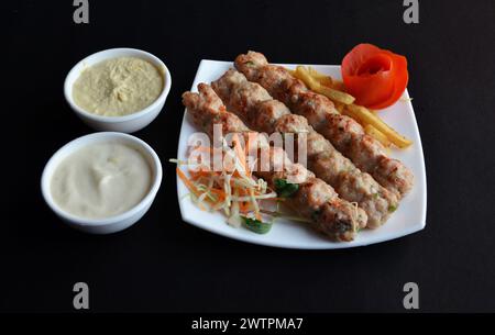 Les kebabs shish de poulet sont du poulet mariné avec des épices, des cornichons pointus et des agrumes, compensés par un soupçon de fumée avec de la mayonnaise et des frites. Banque D'Images