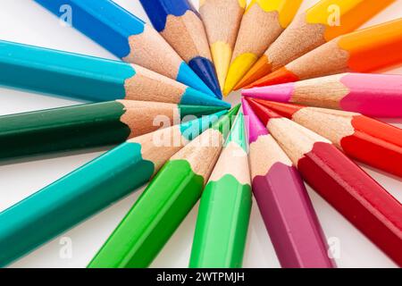 Beaucoup de crayons de différentes couleurs sur un fond blanc Banque D'Images