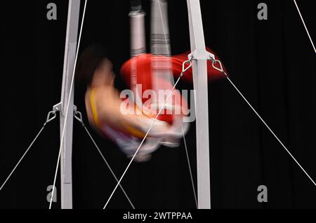 Gymnastique, gymnastique artistique, gymnastes, hommes, caractéristique, mouvement, effet de mouvement, effet de balayage, anneaux, EnBW DTB-Pokal 2024, Porsche Arena Banque D'Images