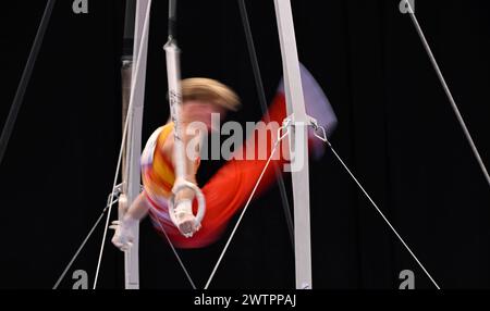 Gymnastique, gymnastique artistique, gymnastes, hommes, caractéristique, mouvement, effet de mouvement, effet de balayage, anneaux, EnBW DTB-Pokal 2024, Porsche Arena Banque D'Images