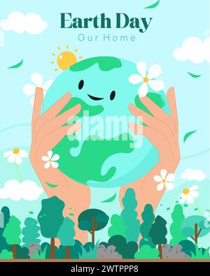 Joyeux jour de la terre, mains tenant la terre mignonne pour les impressions, les flyers, les couvertures, la conception de bannières. Concepts écologiques. Illustration vectorielle Illustration de Vecteur