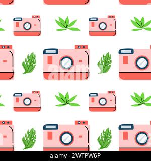 Motif d'été avec appareil photo et feuilles tropicales. L'illustration vectorielle peut être utilisée pour le textile, affiche, Illustration de Vecteur
