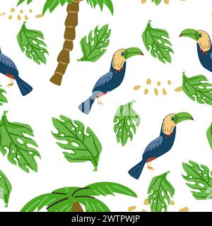 Toucan oiseau tropical d'été dans le modèle sans couture de la jungle. Illustration vectorielle isolée. Motif floral avec feuilles et toucan oiseau du brésil. Illustration de Vecteur