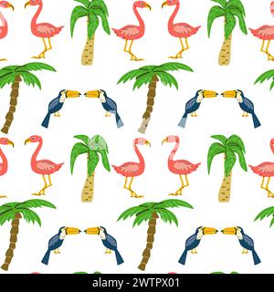 Toucan d'oiseau tropical du brésil d'été et motif flamant rose. L'illustration vectorielle peut être utilisée pour le textile, l'impression, l'affiche, les cartes. Illustration de Vecteur