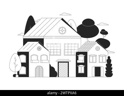 Suburban Houses objet de dessin animé en ligne 2D noir et blanc Illustration de Vecteur