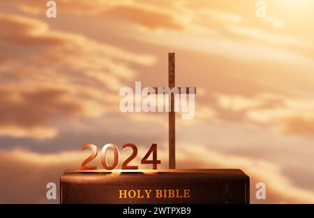 Nouvel an 2024, soleil levant, lever et coucher de soleil fond, croix de Jésus Christ, Sainte Bible, foi en Dieu, conviction, miséricorde, paix et église Banque D'Images