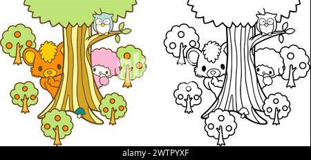 Illustration vectorielle dessin animé drôle de mouton d'ours et de hibou se cachant et peep personnages de contour de conception pour les enfants de livre de coloriage, couverture de pages de dessin Illustration de Vecteur