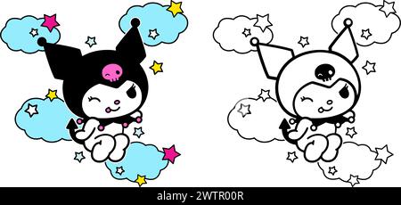 Illustration vectorielle dessin animé mignon doodle kawaii Kitty volant dans les nuages pour les enfants de livre de coloriage, couverture de pages de dessin, chemises d'impression d'écran Illustration de Vecteur