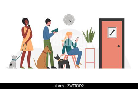 Des gens qui attendent chez le vétérinaire. Clinique de médecin pour animaux, illustration vectorielle de dessin animé de routine de contrôle animal Illustration de Vecteur