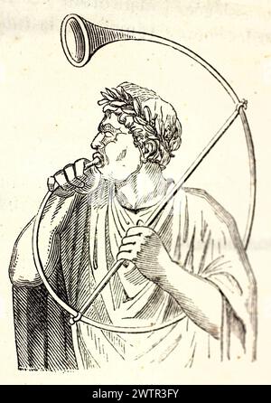 Ancienne illustration gravée d'une figure romaine jouant de la Buccina, un instrument en laiton courbé utilisé dans l'armée romaine. De magasin pittoresque, 1852. Banque D'Images