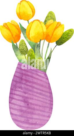 Composition des tulipes jaunes dans un vase. Vase violet avec des fleurs et des feuilles vertes. Illustration aquarelle. Esquisse d'un style stylisé simple. Ressort Illustration de Vecteur