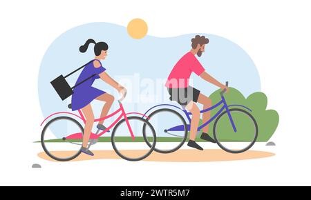 Couple avec des vélos le jour ensoleillé. Illustration vectorielle de dessin animé de temps de loisir extérieur de bon temps Illustration de Vecteur