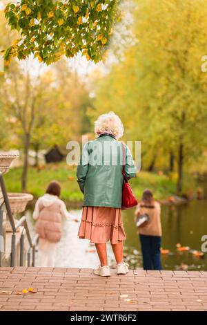 Vue arrière de la femme âgée avec les cheveux gris dans le parc d'automne. Loisirs, récréation de l'adulte senior Banque D'Images