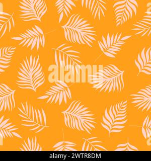 Motif sans couture lumineux avec des feuilles de palmier beige sur fond orange. Conception vectorielle dessinée à la main. Illustration de Vecteur