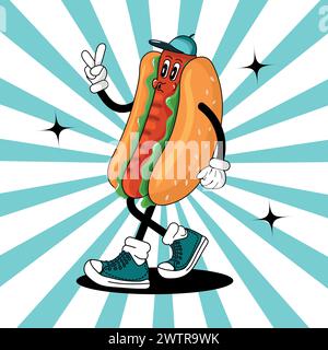 Personnage groovy rétro de Hot dog drôle Illustration de Vecteur