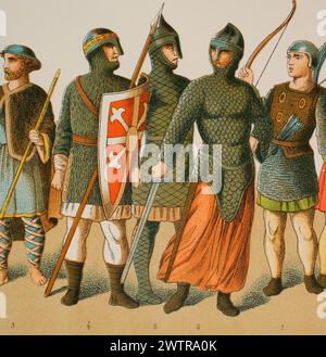 Normans, 1000-1100. De gauche à droite, 3 : pilgrim, 4-5-6-7 : guerriers. Chromolithographie. Historia Universal, de César Cantú. Volume V, 1884. Banque D'Images