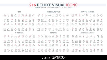 Solutions anti-stress, animalerie et clinique de soins des animaux, ensemble d'icônes de ligne de planificateur de style de vie moderne. Applications mobiles pour la maison intelligente, les jeux et les voyages minces symboles de contour noir et rouge illustration vectorielle Illustration de Vecteur