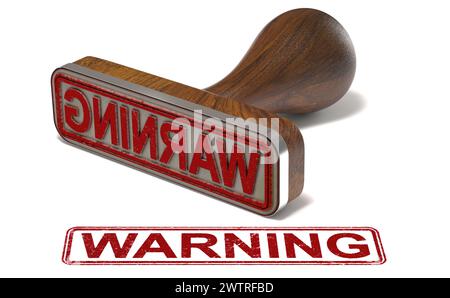 illustration 3d d'un tampon en caoutchouc avec le mot avertissement imprimé sur fond blanc Banque D'Images