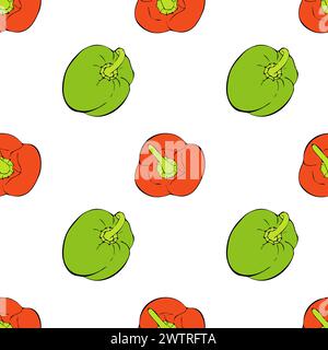 Motif de poivrons sur fond blanc avec des poivrons doux verts rouges, croquis de contour dessinés à la main. Illustration vectorielle Illustration de Vecteur