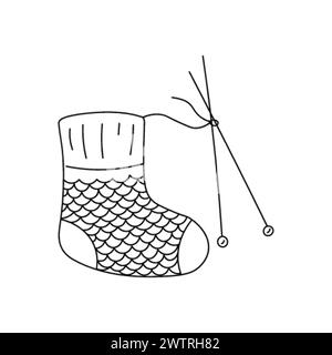 Illustration vectorielle de chaussette tricotée avec des aiguilles. Peut être utilisé comme autocollant, icône, logo, modèle de conception, coloriage Illustration de Vecteur