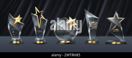 Trophées en verre brillants avec des étoiles d'or ensemble d'illustration vectorielle réaliste. Leadership Award modèles 3D sur la collection de fond de draperie noire Illustration de Vecteur