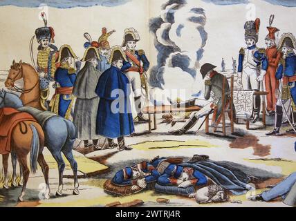 Bataille d'Austerlitz ou bataille des trois empereurs. Décembre 1805. Napoléon le soir avant Auterlitz. Gravure de F. Georgin, XIXe siècle. Banque D'Images