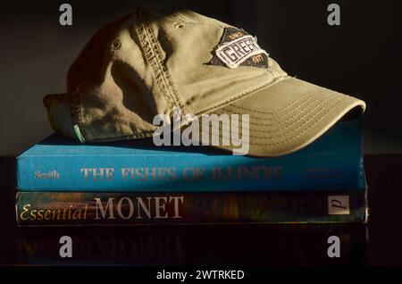 Casquette de baseball sur une pile de livres Banque D'Images