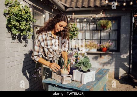 Une jeune femme charmante dans des vêtements décontractés transpose des fleurs sur une table à l'extérieur. Une fille mignonne aux cheveux bouclés plante des plantes vertes dans un pot en t Banque D'Images