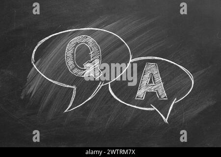 Questions et réponses. Lettres Q et A avec bulle de discours dessinées à la craie sur un tableau noir. Banque D'Images