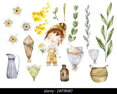 Illustration d'aquarelle dessinée à la main avec fleuriste fille et fleurs, feuilles, emballage, vases pour bouquets. Ensemble de magasin de fleurs pour décorer et concevoir ainsi Banque D'Images