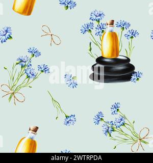 Aquarelle modèle sans couture avec bouteille en verre d'huile avec bouchon de liège et bleuets sur la pyramide de pierres zen spa isolé sur fond blanc. Produit de beauté Banque D'Images