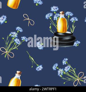 Aquarelle modèle sans couture avec bouteille en verre d'huile avec bouchon de liège et bleuets sur la pyramide de pierres zen spa isolé sur fond blanc. Produit de beauté Banque D'Images