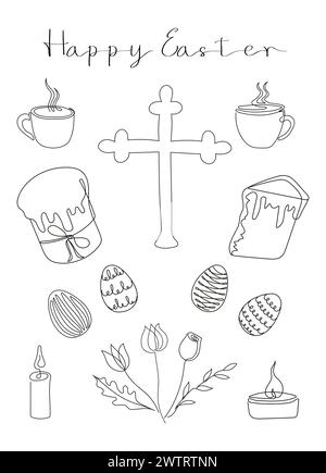 Carte de Pâques avec joyeuses salutations de Pâques. Ensemble de Pâques dans un style continu d'une ligne avec des éléments de conception comme des gâteaux de Pâques, des œufs, croix, des bougies, des tasses à vapeur, fleurs, bouquet. Vecteur noir et blanc. Illustration de Vecteur