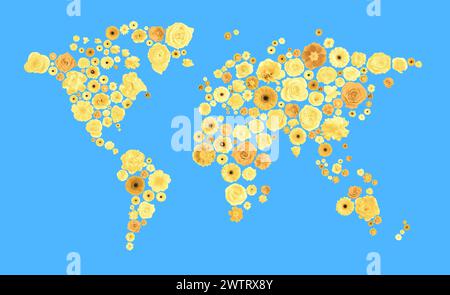 Carte du monde faite de belles fleurs sur fond bleu clair, conception de bannière Banque D'Images