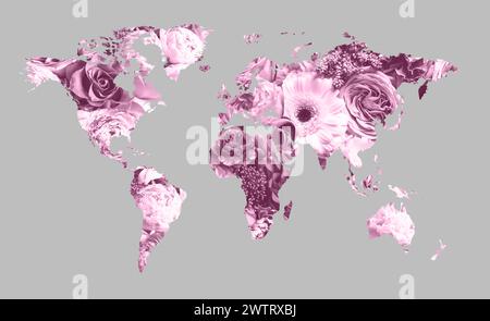 Carte du monde faite de belles fleurs sur fond gris, conception de bannière Banque D'Images