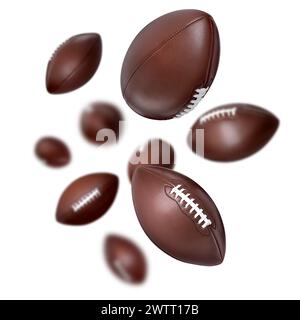 Balles de football américain tombant sur fond blanc Banque D'Images