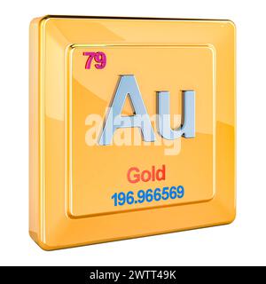 Aurum or au, signe d'élément chimique avec le numéro 79 dans le tableau périodique. Rendu 3D isolé sur fond blanc Banque D'Images