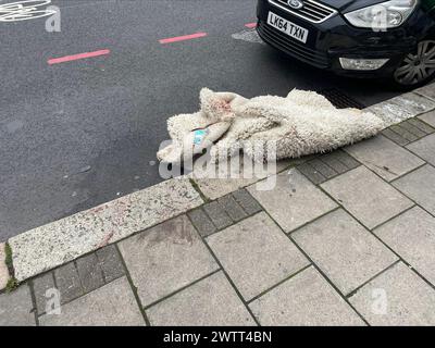 Une couverture tachée de sang, qui a été utilisée pour soumettre le chien, repose sur un trottoir éclaboussé de sang sur la scène à York Road, Battersea, au sud de Londres, où quatre personnes ont été blessées dans une attaque par un chien suspect XL intimidateur. La police armée a été appelée après des rapports selon lesquels l'animal était dangereusement hors de contrôle et attaquait des gens à Home Road, Battersea, juste après 22 heures lundi. Quatre hommes ont été emmenés à l'hôpital pour y être soignés pour des blessures qui ne mettaient pas leur vie en danger, et le chien a été abattu par la police. Date de la photo : mardi 19 mars 2024. Banque D'Images