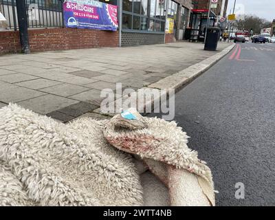 Une couverture tachée de sang, qui a été utilisée pour soumettre le chien, repose sur un trottoir éclaboussé de sang sur la scène à York Road, Battersea, au sud de Londres, où quatre personnes ont été blessées dans une attaque par un chien suspect XL intimidateur. La police armée a été appelée après des rapports selon lesquels l'animal était dangereusement hors de contrôle et attaquait des gens à Home Road, Battersea, juste après 22 heures lundi. Quatre hommes ont été emmenés à l'hôpital pour y être soignés pour des blessures qui ne mettaient pas leur vie en danger, et le chien a été abattu par la police. Date de la photo : mardi 19 mars 2024. Banque D'Images