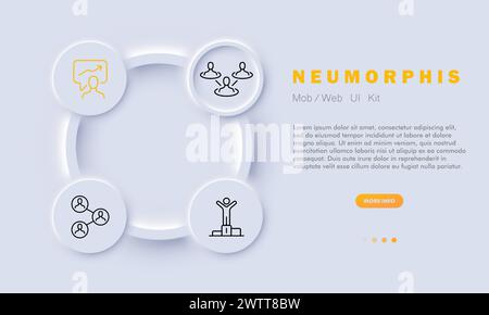 Icône de ligne de travail d'équipe. Écouteurs, hébergement vidéo, site Web, communication, formation avancée, échange d'expériences. Style néomorphisme. Ligne vectorielle i Illustration de Vecteur