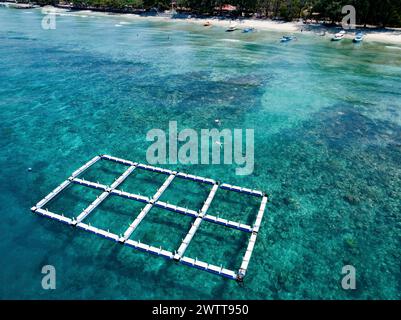 Vue aérienne des quais flottants sur une mer tropicale claire. Banque D'Images