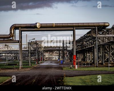 Labyrinthe complexe de tuyaux industriels contre un ciel sombre Banque D'Images