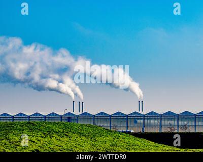 Cheminées industrielles tour au-dessus d'un complexe de serres sous un ciel bleu clair. Banque D'Images