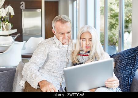 Couple using a laptop ensemble sur un canapé Banque D'Images