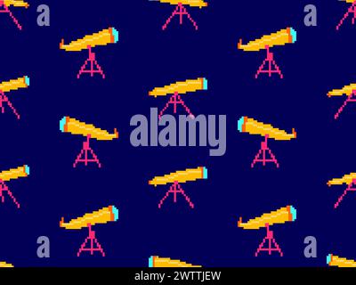 Modèle sans couture pour télescope à pixels. Télescope sur un trépied dans le style pixel art. télescope astronomique 8 bits pour l'observation de l'espace extra-atmosphérique. Conception pour impression w Illustration de Vecteur