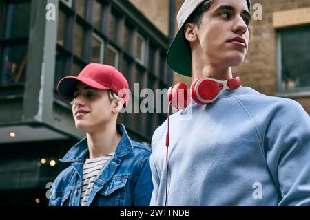 Deux jeunes hommes avec des écouteurs traînant dans la ville Banque D'Images